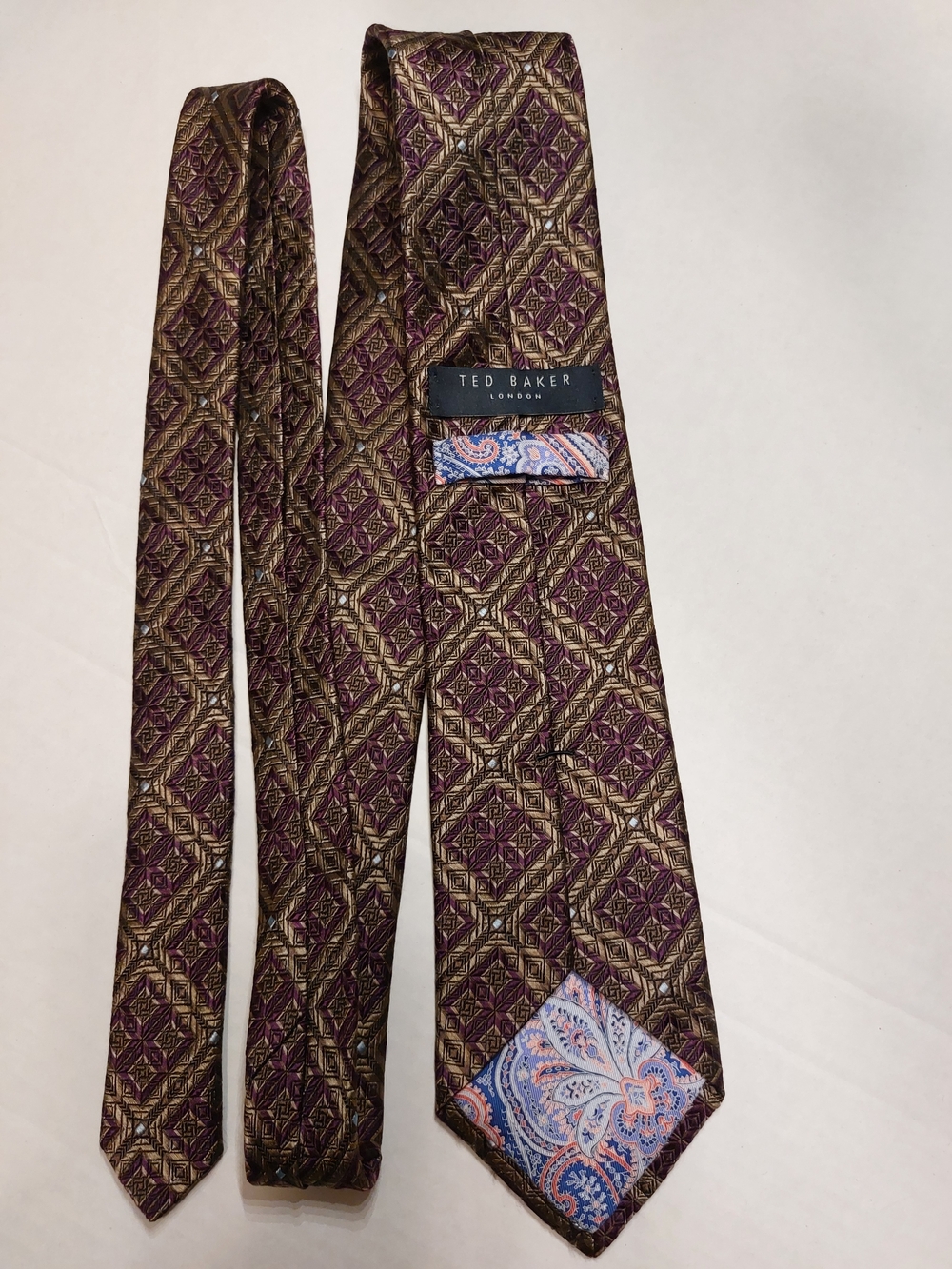 Ted Baker Purple and Gold Geometric Silk Tie with Paisley Tip